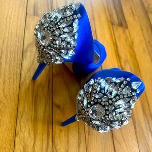 Blue rhinestone peep toe Badgley Mishka heels.